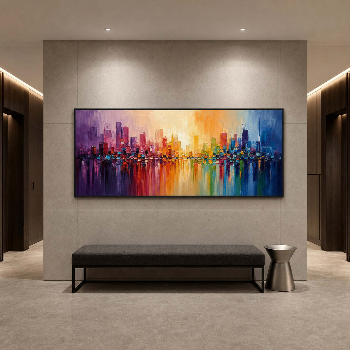 Colorful Cityscape Wall Art displayed in a refined hospitality lounge.
