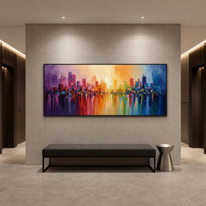 Colorful Cityscape Wall Art displayed in a refined hospitality lounge.