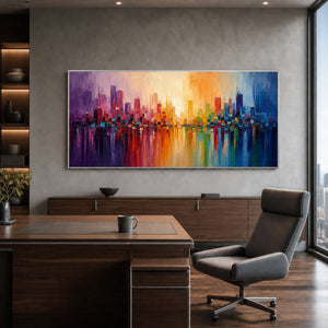 Colorful Cityscape Wall Art displayed in a refined office.