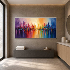 Colorful Cityscape Wall Art displayed in a refined spa reception.