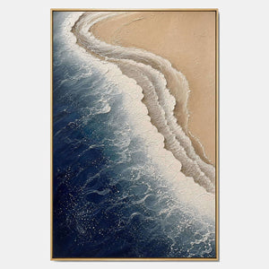 The Coast Goes On: white surf curling along a sandy shore beside dark blue water, shown in a full artwork view.