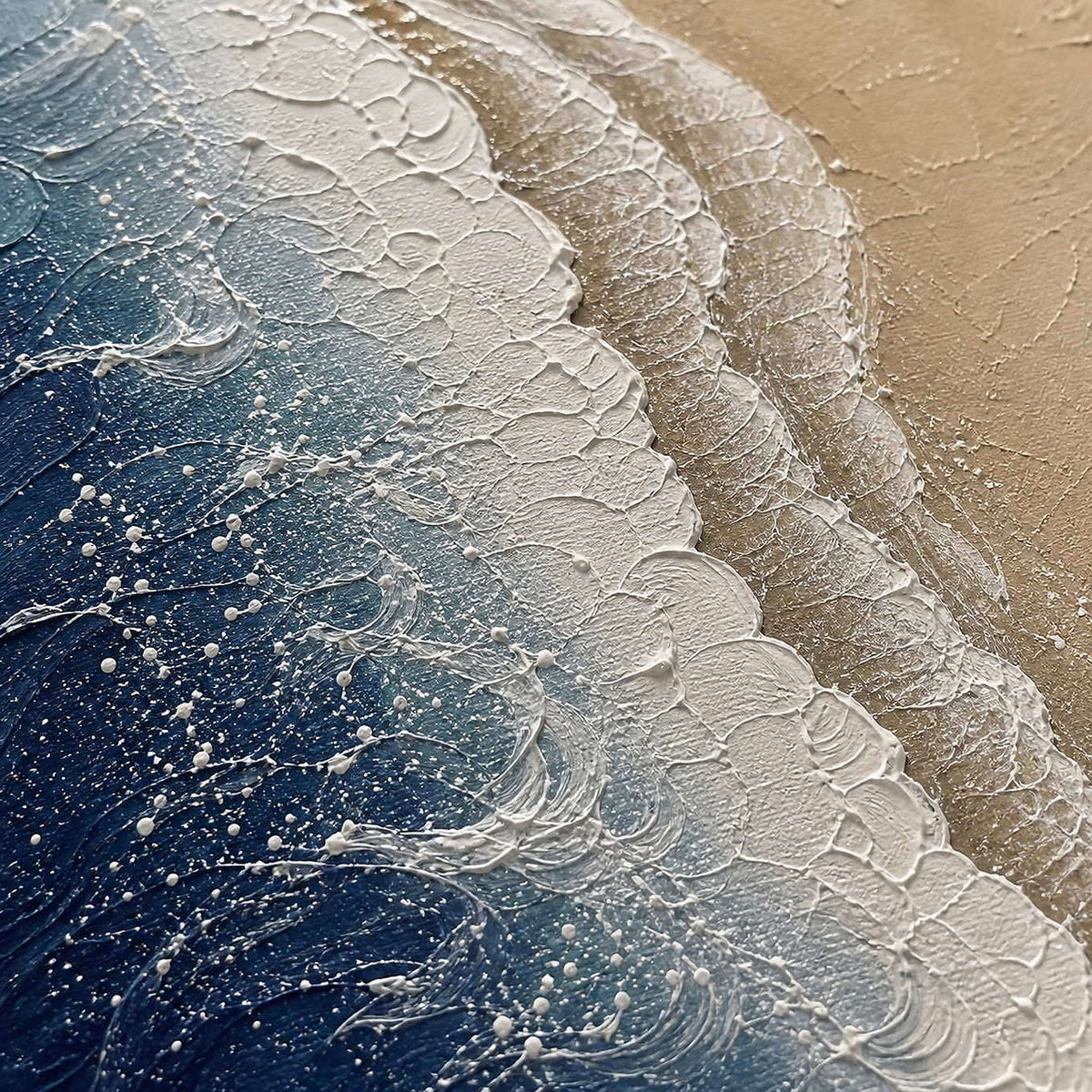Detail of The Coast Goes On, showing the curved white waves and dark blue water texture.