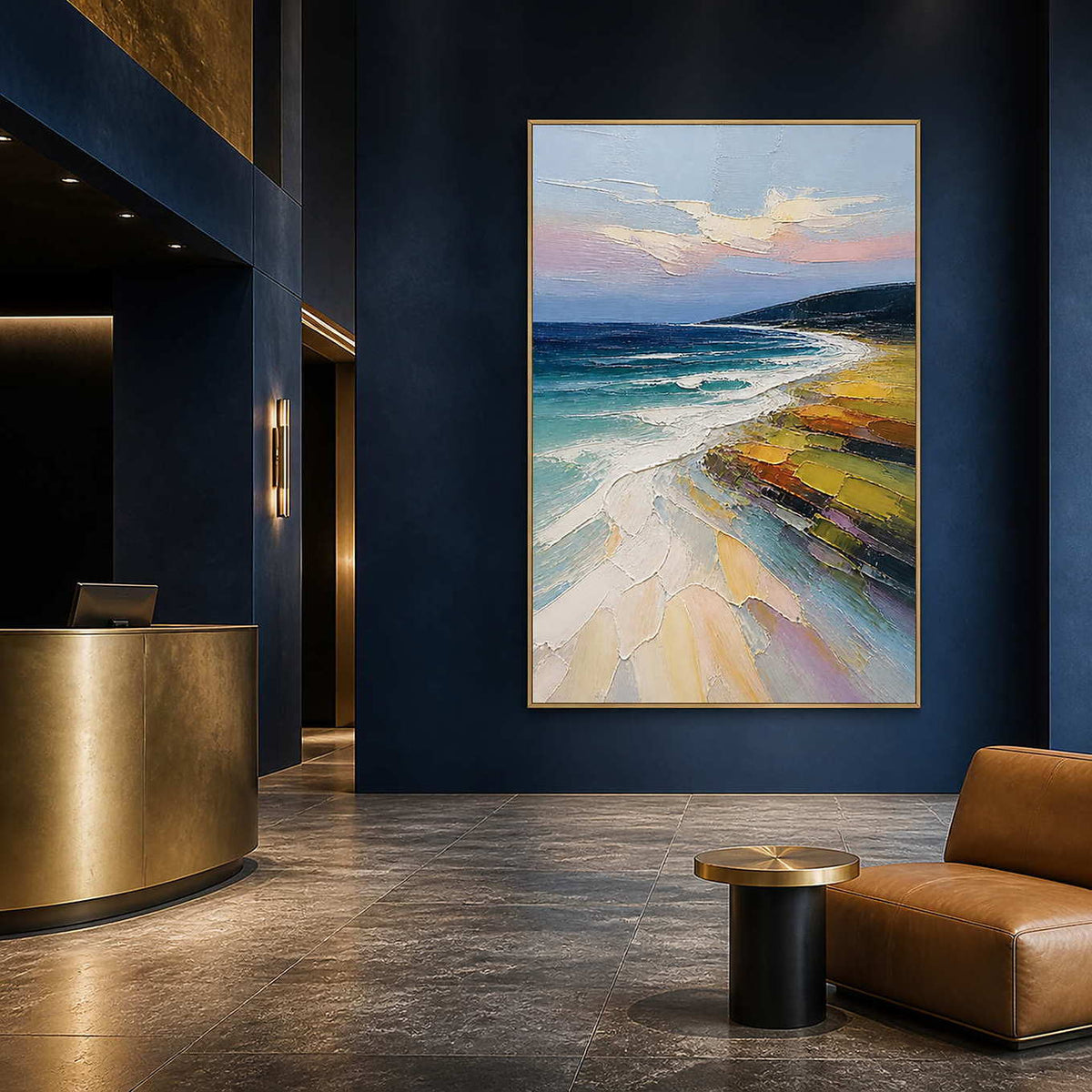 Colorful coastal wall art in a cobalt boutique hotel lounge.