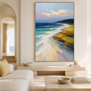 Colorful textured coastal wall art in a bright seaside living room.