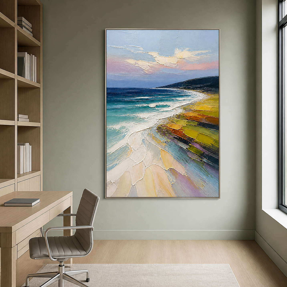 Textured ocean landscape bringing fresh color to an office.