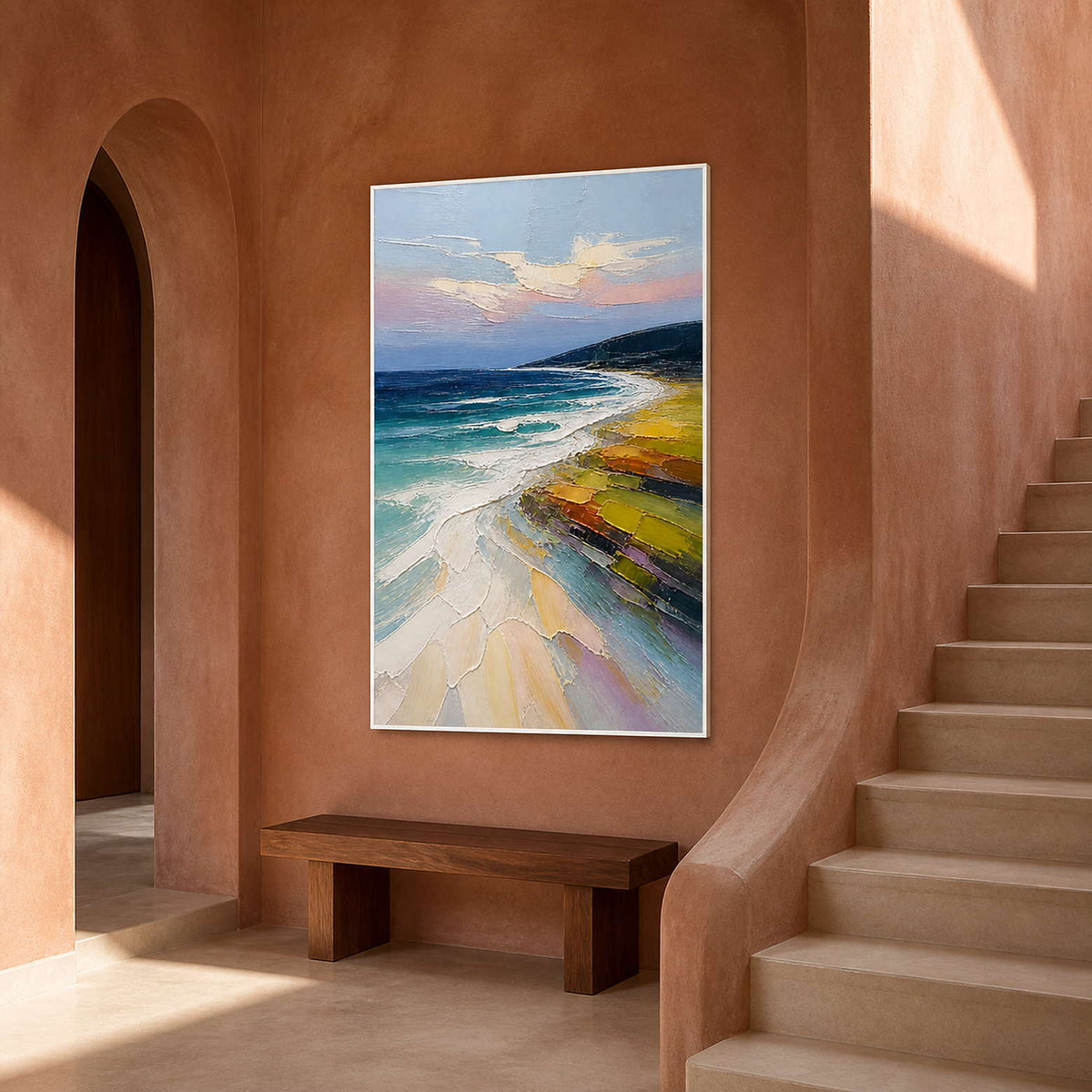 Bright seascape painting on a warm terracotta stair landing.