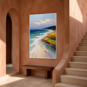 Bright seascape painting on a warm terracotta stair landing.