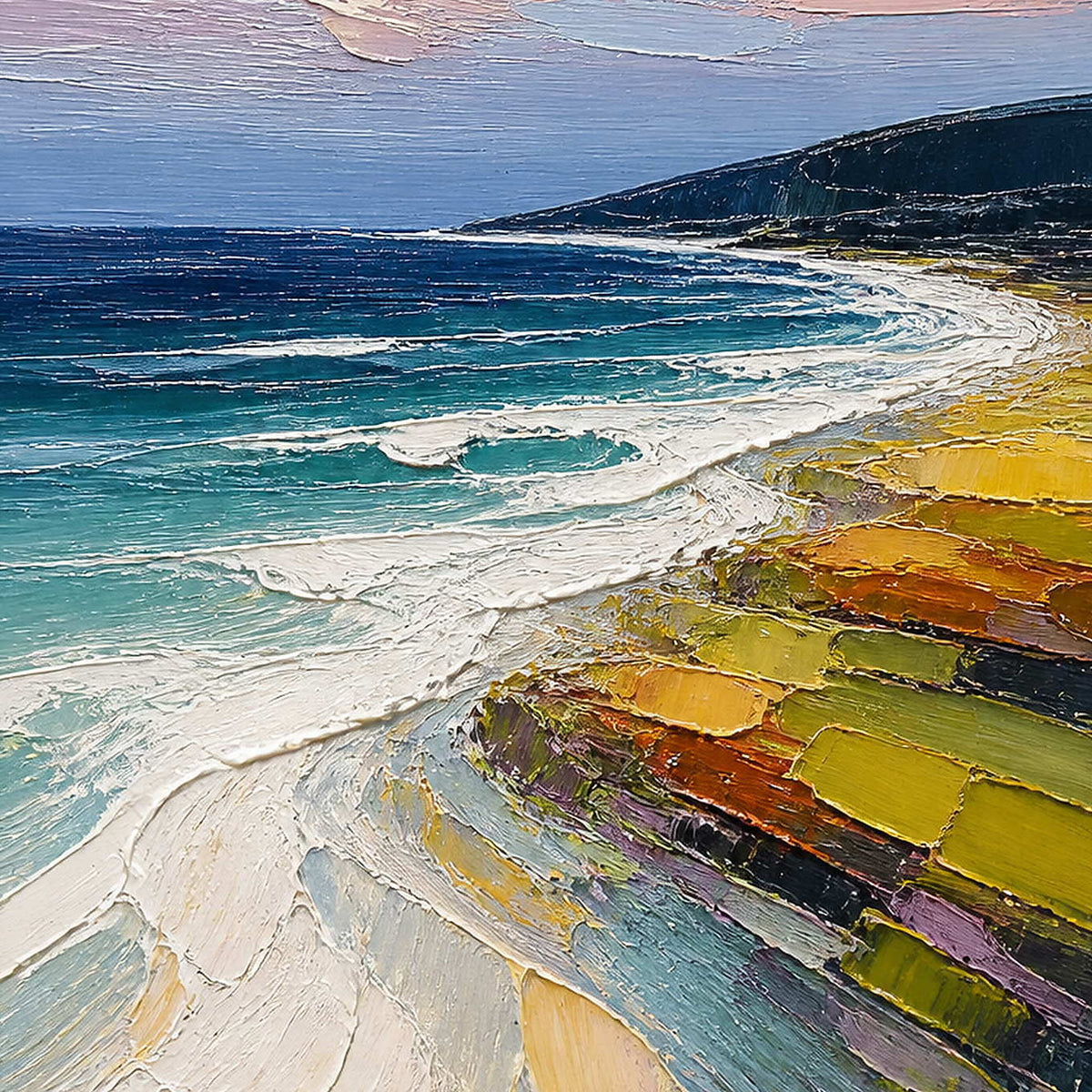 Close-up of turquoise surf, dark headland, and colorful shore texture.