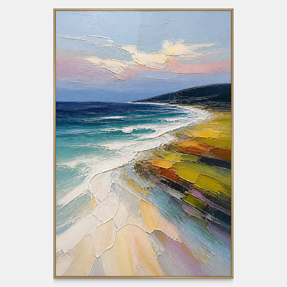 Hand-painted coastal landscape with turquoise surf and colorful shoreline fields.
