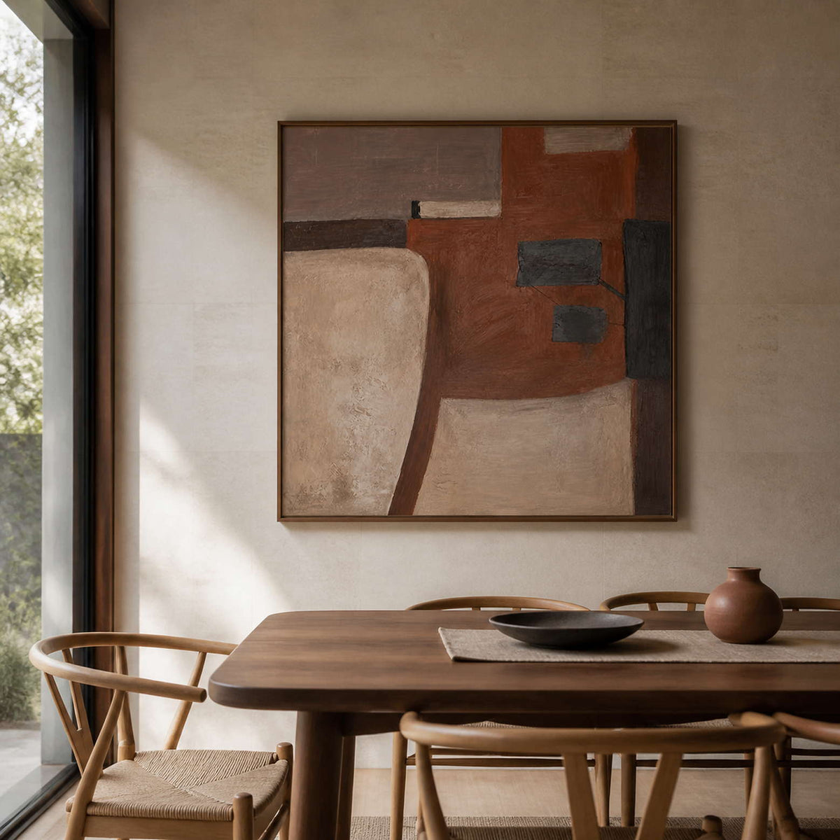 Warm geometric artwork in a wood frame beside a rounded dining table.