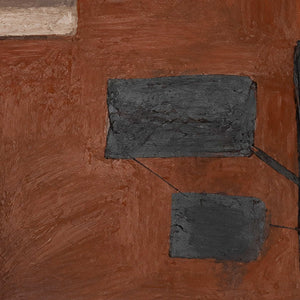 Close view of raised dark rectangles and broad rust colored brush marks.