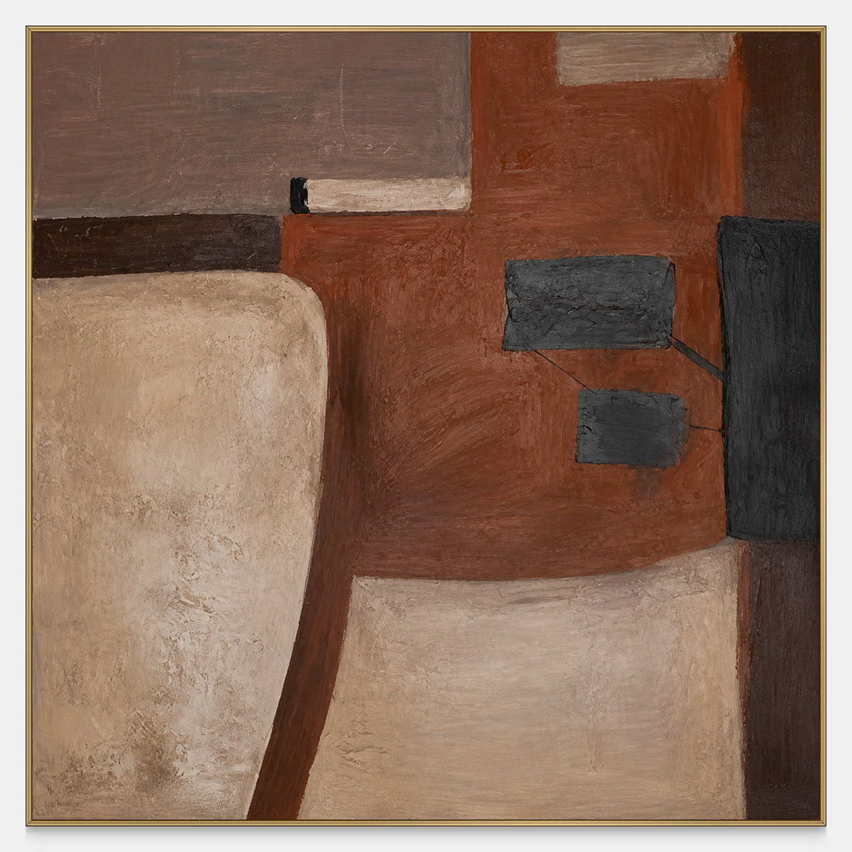 Square abstract painting with rounded beige areas, rust tones, and dark rectangular accents.