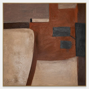 Square abstract painting with rounded beige areas, rust tones, and dark rectangular accents.