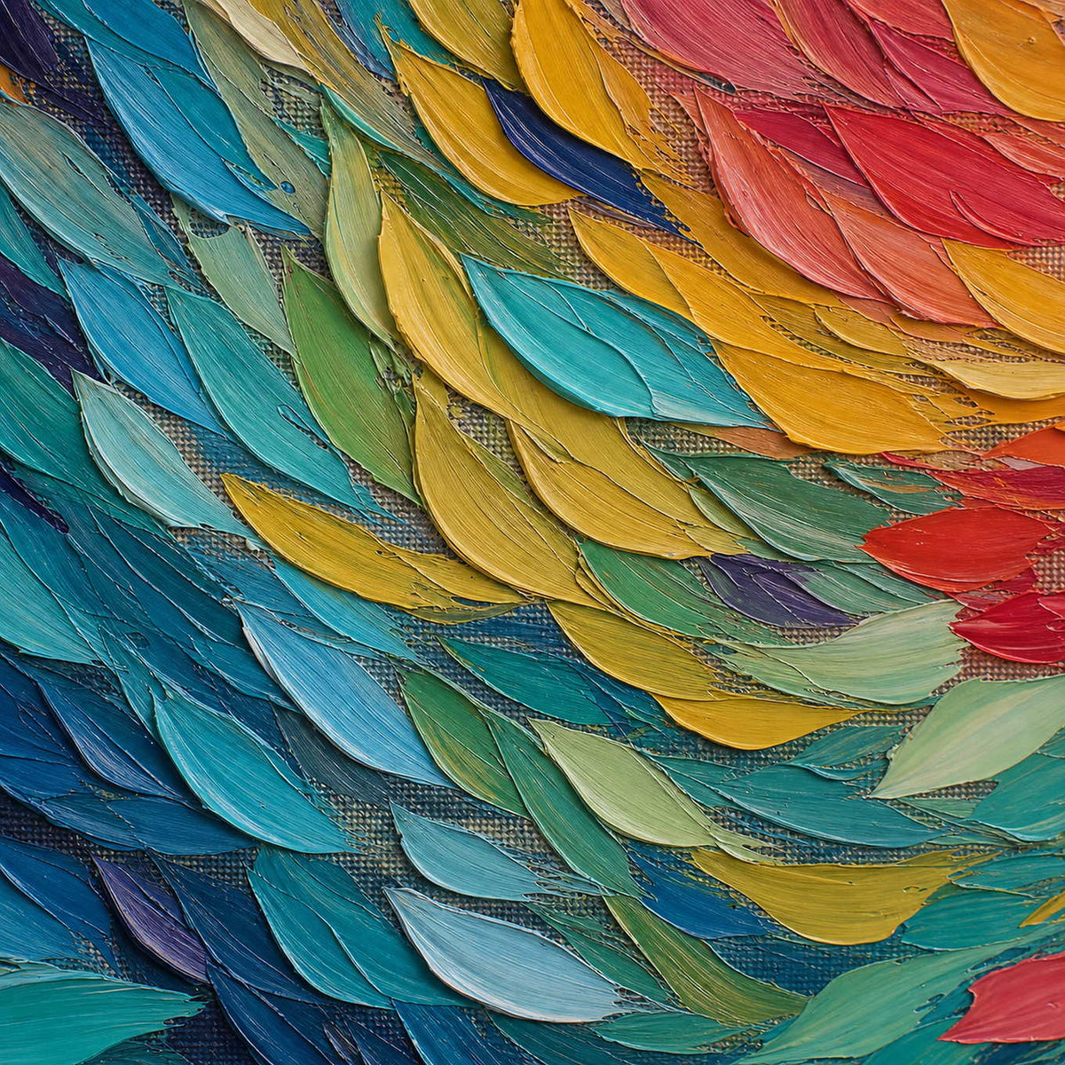 Close-up of raised hand-painted texture in multicolor, black, and blue.