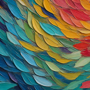 Close-up of raised hand-painted texture in multicolor, black, and blue.