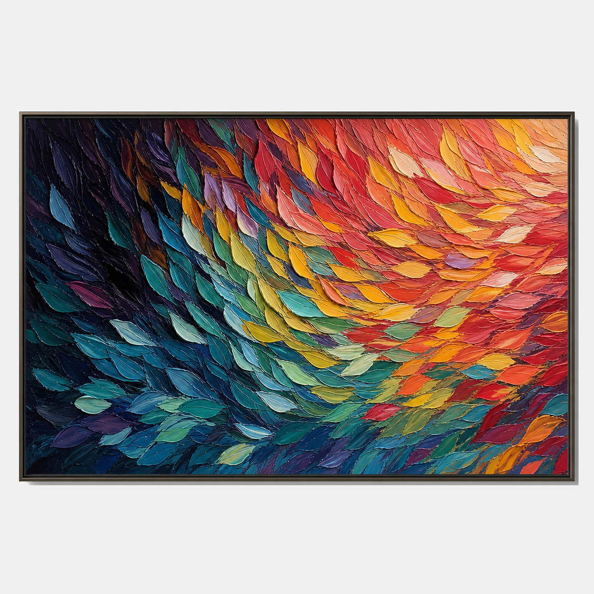 Hand-painted textured abstract wall art with multicolor, black, and blue tones.