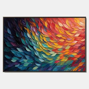 Hand-painted textured abstract wall art with multicolor, black, and blue tones.