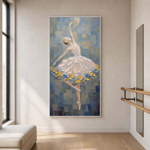 Vertical textured ballerina wall art in a bright modern dance studio