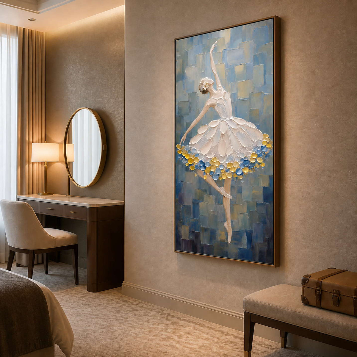 Graceful ballerina wall art in a boutique hotel dressing lounge