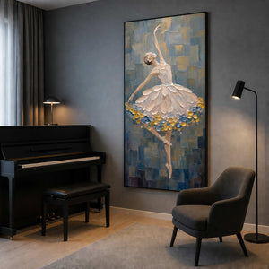 Textured dancer artwork in a sophisticated apartment music corner