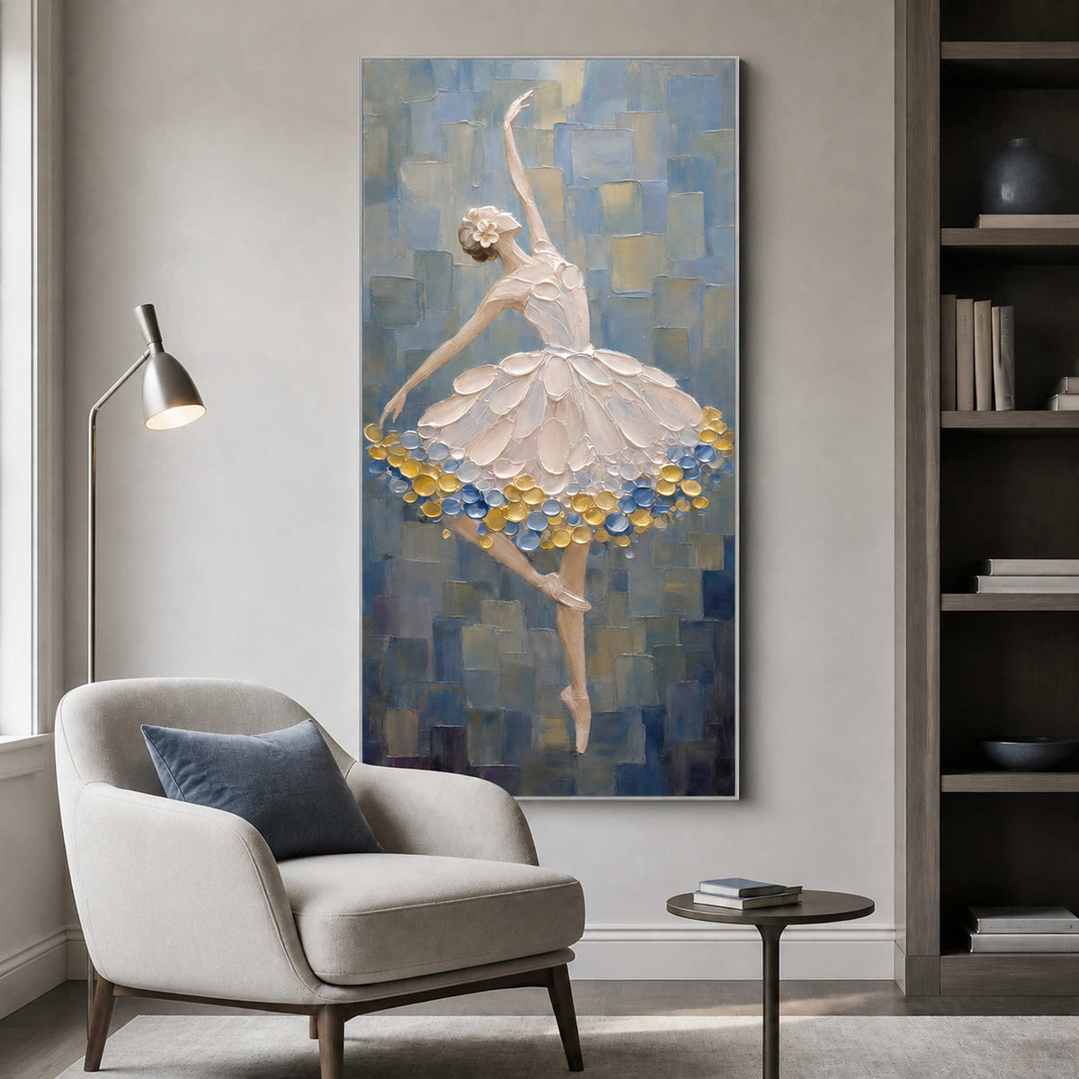 Vertical ballerina artwork in a high rise family reading area