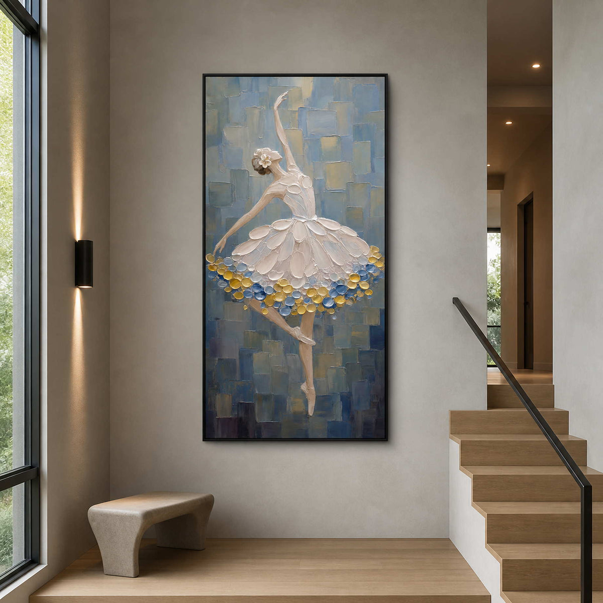 Vertical ballerina painting beside a dramatic modern staircase