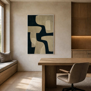 Organic geometric painting displayed in a light oak home office.