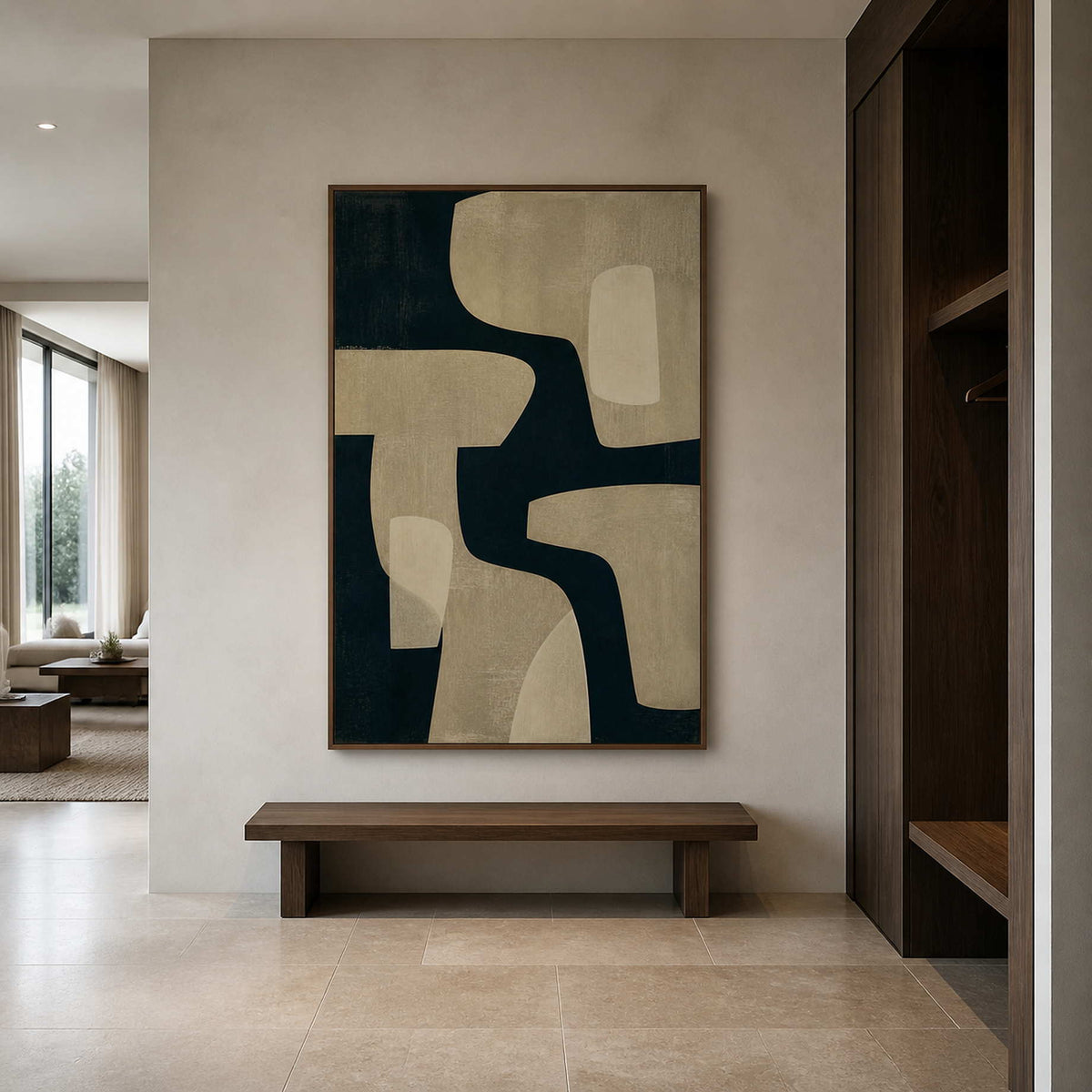Vertical abstract artwork displayed in a pale stone walnut entry hall.