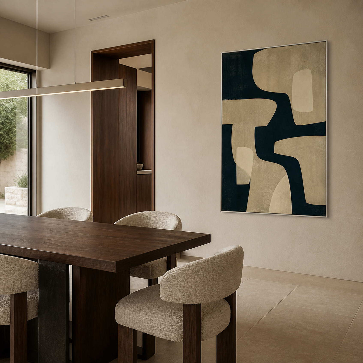 Modern neutral abstract artwork displayed in a walnut dining room.