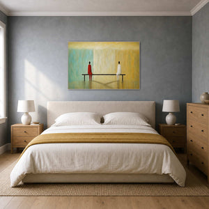 Quiet turquoise and saffron figurative art above a neutral bedroom.