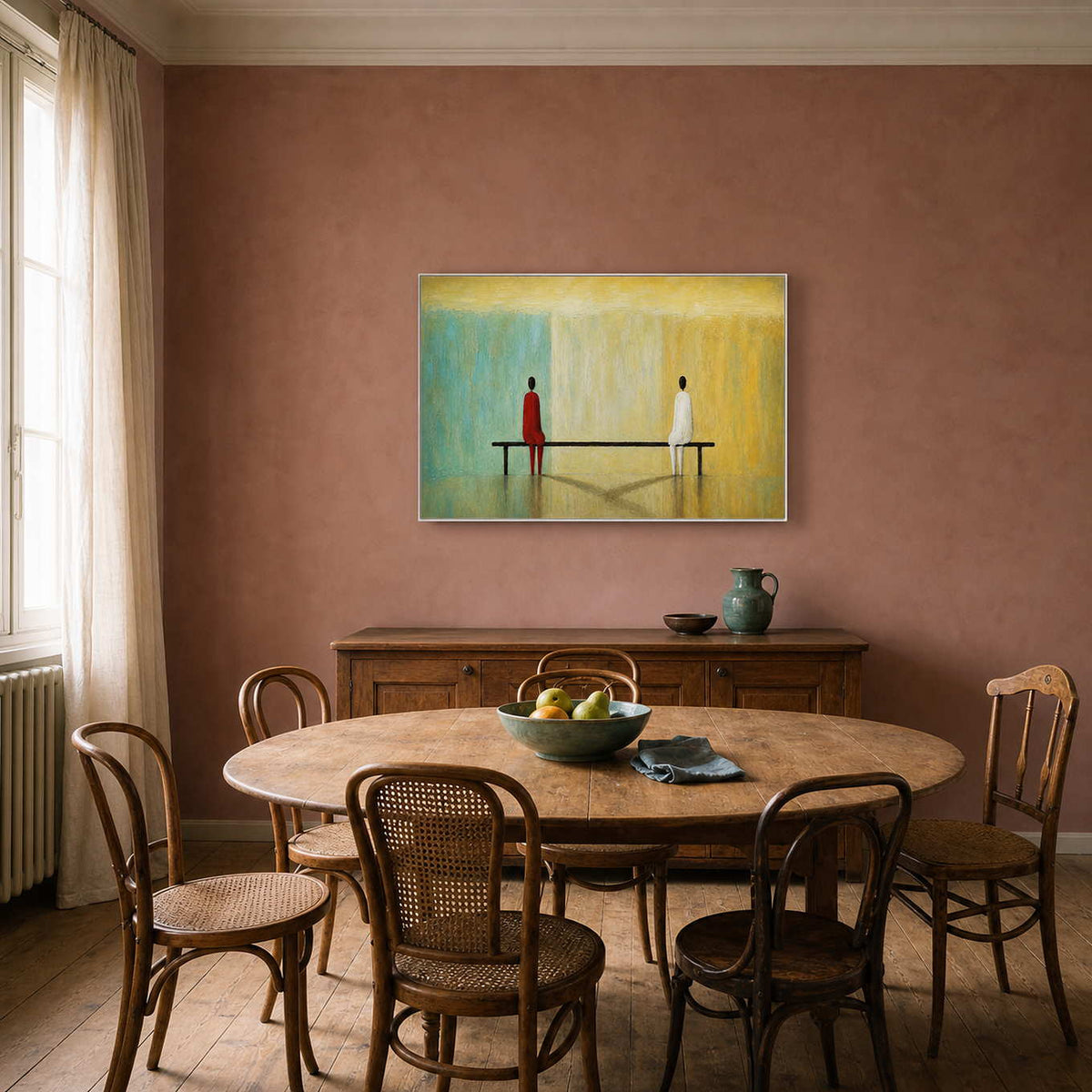 Minimalist figurative painting displayed in a warm traditional dining room.