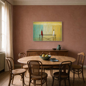 Minimalist figurative painting displayed in a warm traditional dining room.
