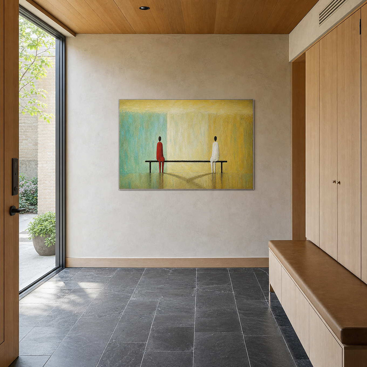 Textured turquoise and gold artwork welcoming a bright residential entryway.