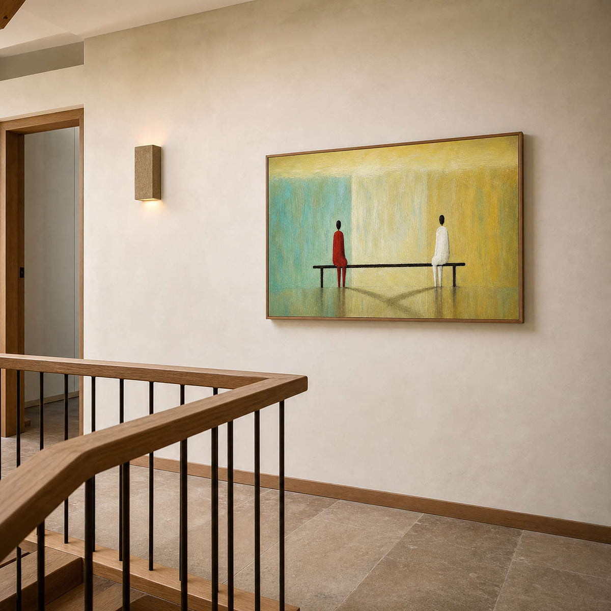 Horizontal figurative wall art brightening a warm modern hallway.