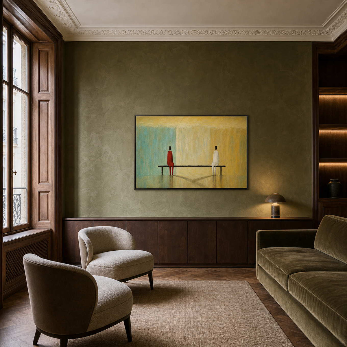 Minimalist seated figures anchoring an intimate boutique hotel lounge.