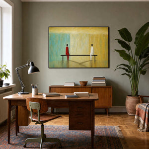 Contemplative two-figure artwork in a refined midcentury home office.