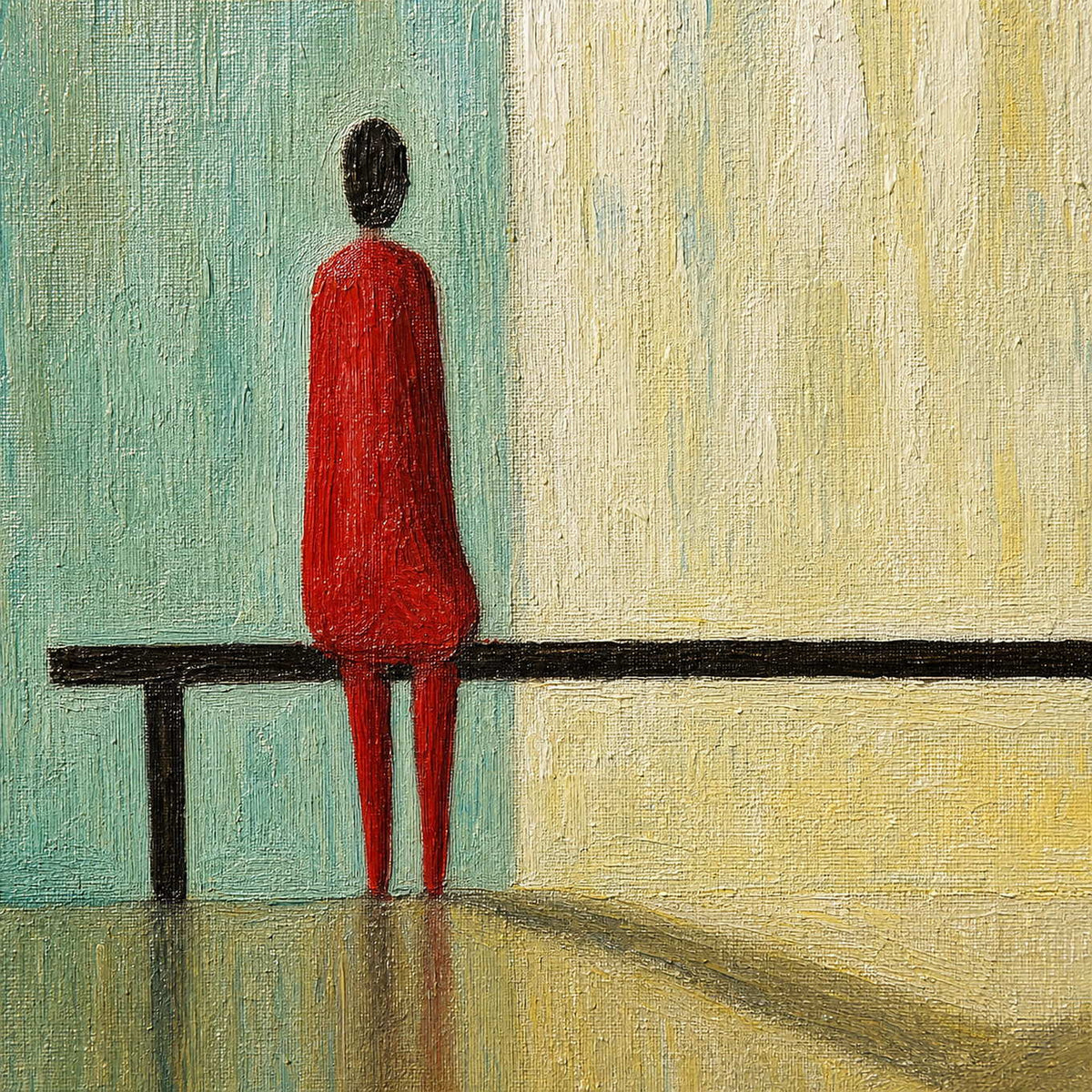 Close-up of red figure and layered turquoise ivory canvas texture.