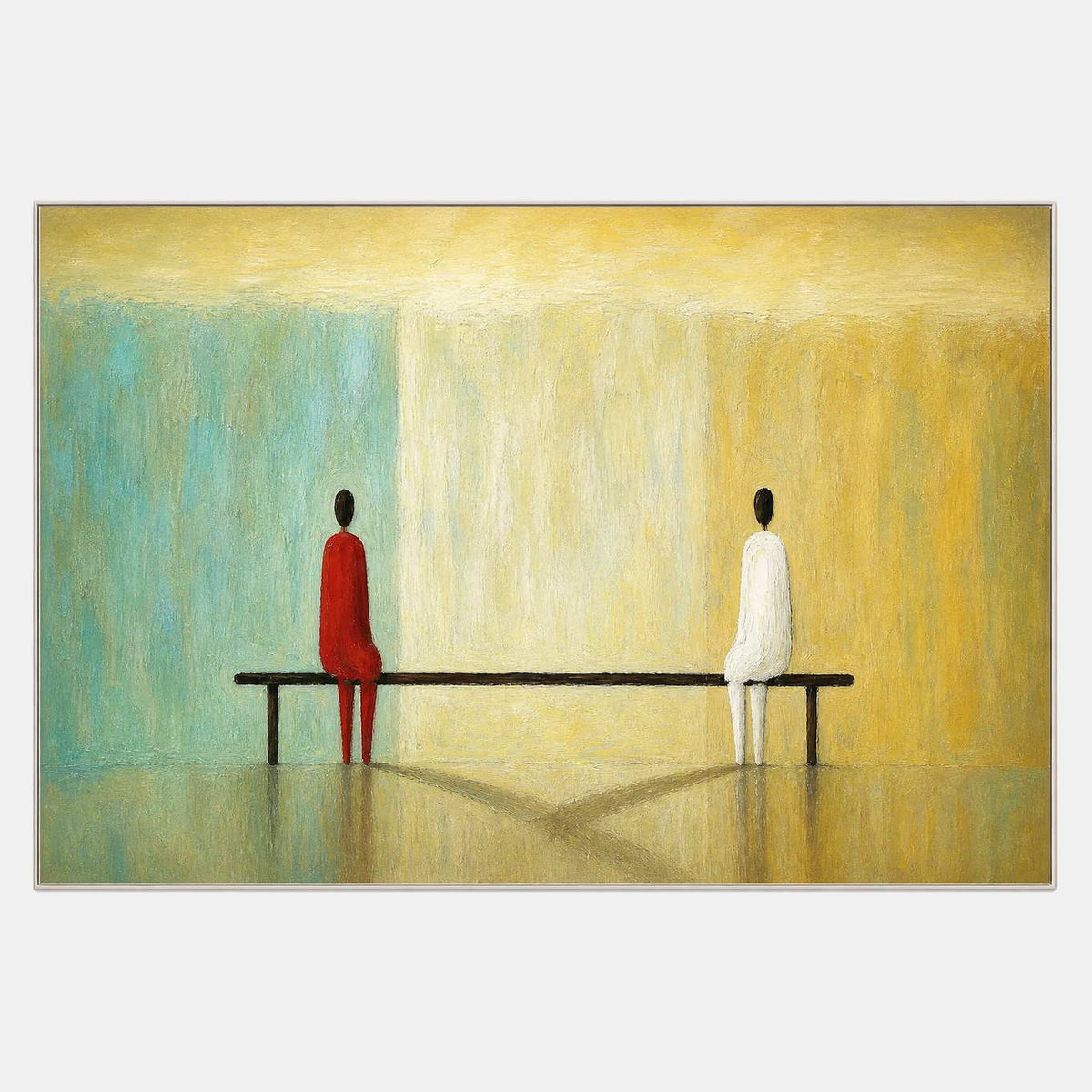 Two seated figures on a bench against turquoise and saffron fields.