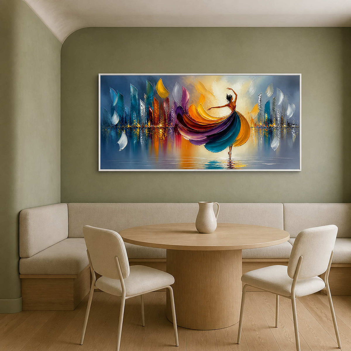 Jewel-tone figurative wall art in a sage green breakfast room.