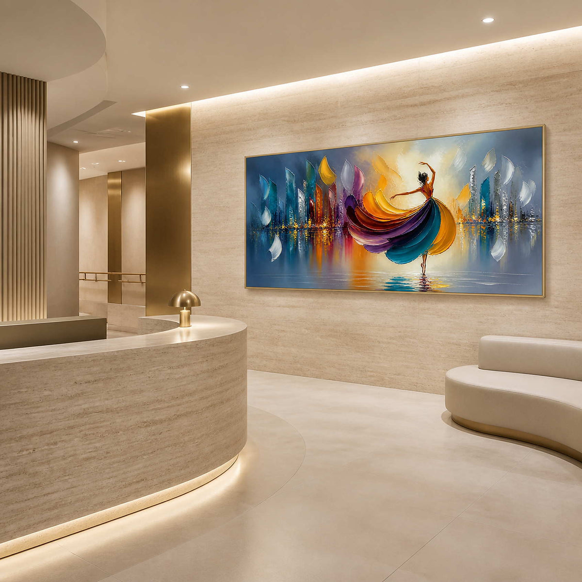 Dancer wall art displayed in a champagne stone studio reception.
