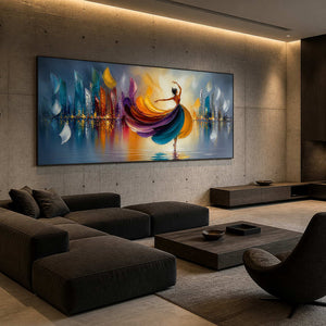 Panoramic dancer artwork bringing color to a concrete family room.