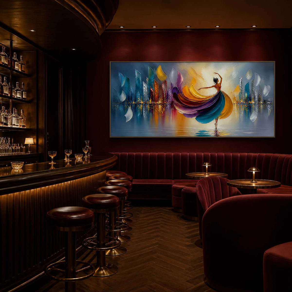 Jewel-tone figurative painting styled in a burgundy hotel lounge.
