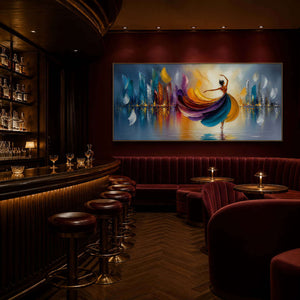 Jewel-tone figurative painting styled in a burgundy hotel lounge.