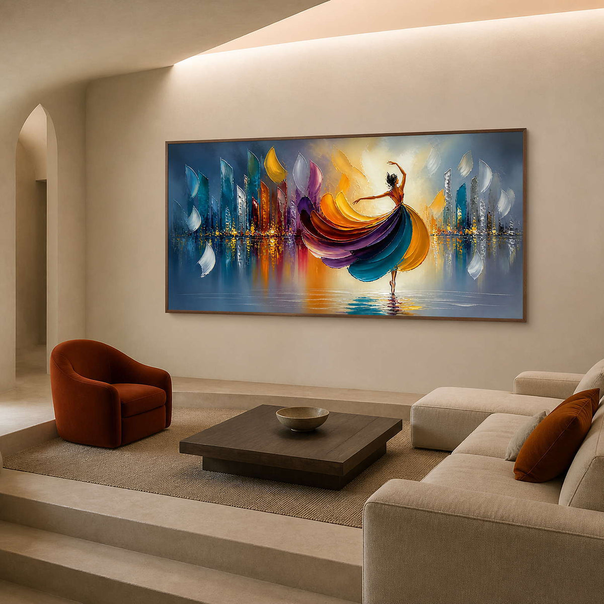 Colorful panoramic dancer wall art in a sunken modern living room.