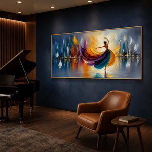 Expressive dancer painting displayed in an indigo walnut music room.
