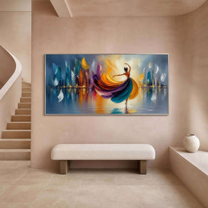 Colorful textured dancer canvas displayed in a blush stair hall.