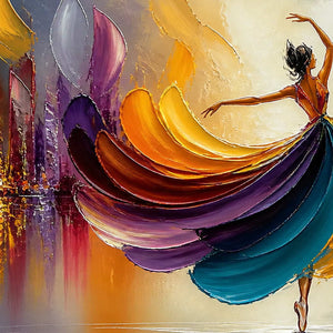 Close-up of the dancer and layered jewel-tone painted dress texture.