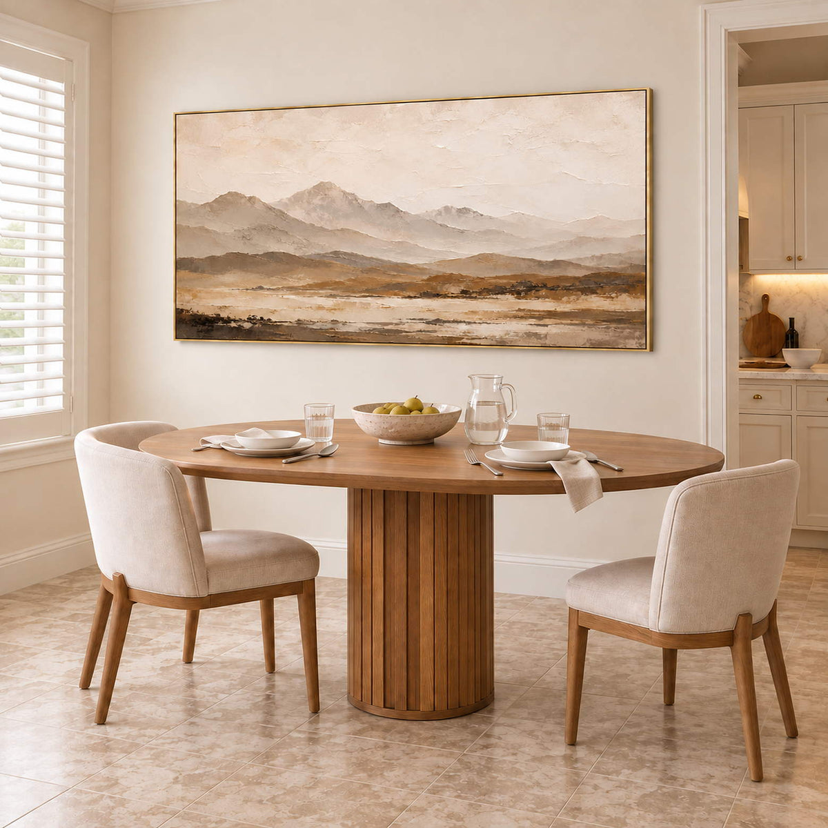 Soft taupe mountains above a muted ochre plain in a gold frame, displayed above a dining table.