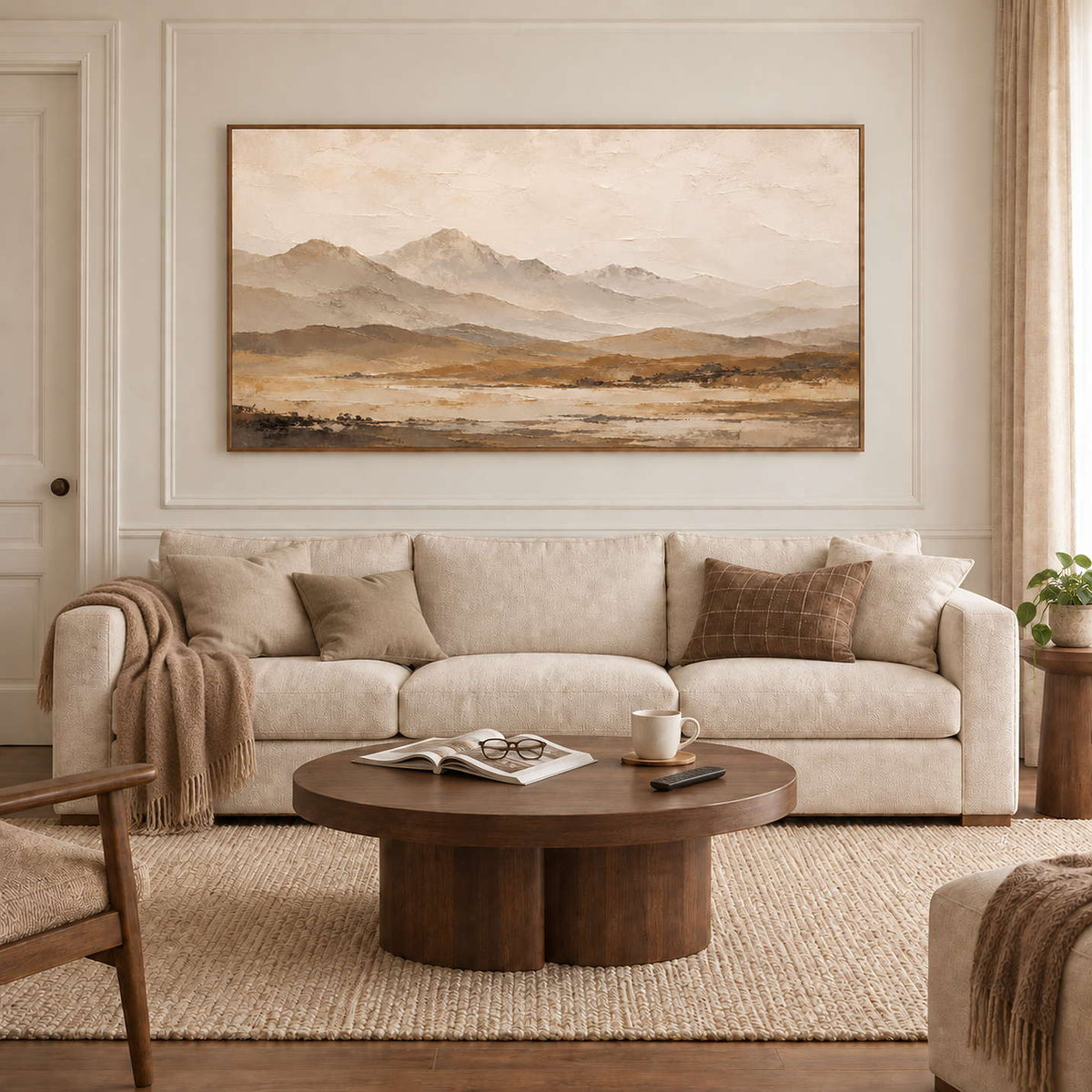 Soft taupe mountains above a muted ochre plain in a brown wood frame, displayed above a sofa in a living room.