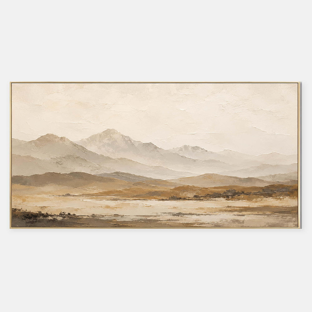The Far Hills Grow Quiet: soft taupe mountains above a muted ochre plain, shown in a full artwork view.